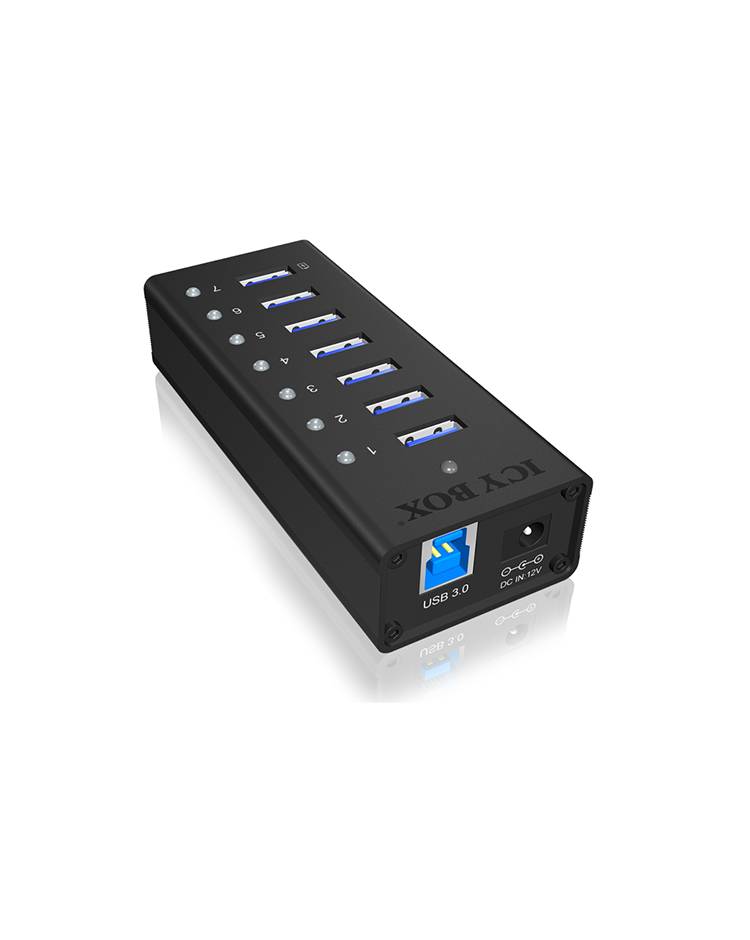 Hub USB 3.0 à six ports dans un boîtier noir avec des connexions bleues et des interrupteurs marche/arrêt pour chaque port, entrée d'alimentation DC sur le côté.