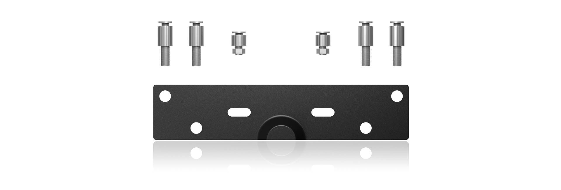 Kit de support en métal noir avec vis et entretoises, adapté pour la fixation sur des surfaces planes.