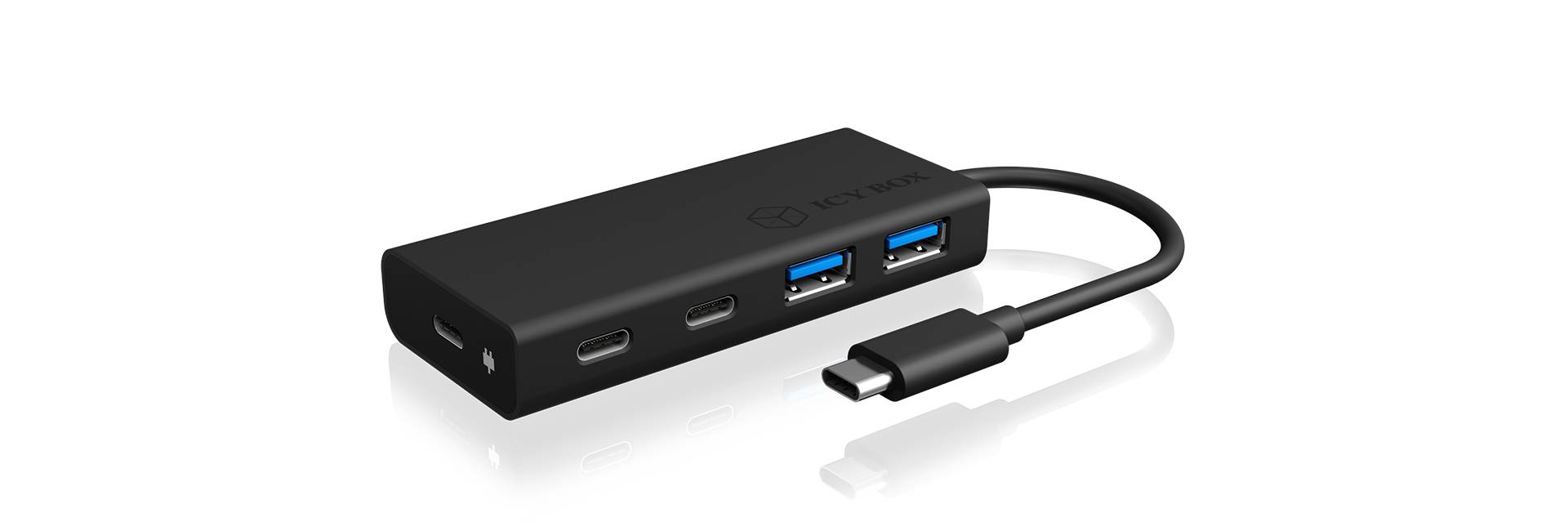 Hub USB-C avec deux ports USB-A et deux ports USB-C. Design rectangulaire noir avec câble court. Idéal pour une connectivité étendue.