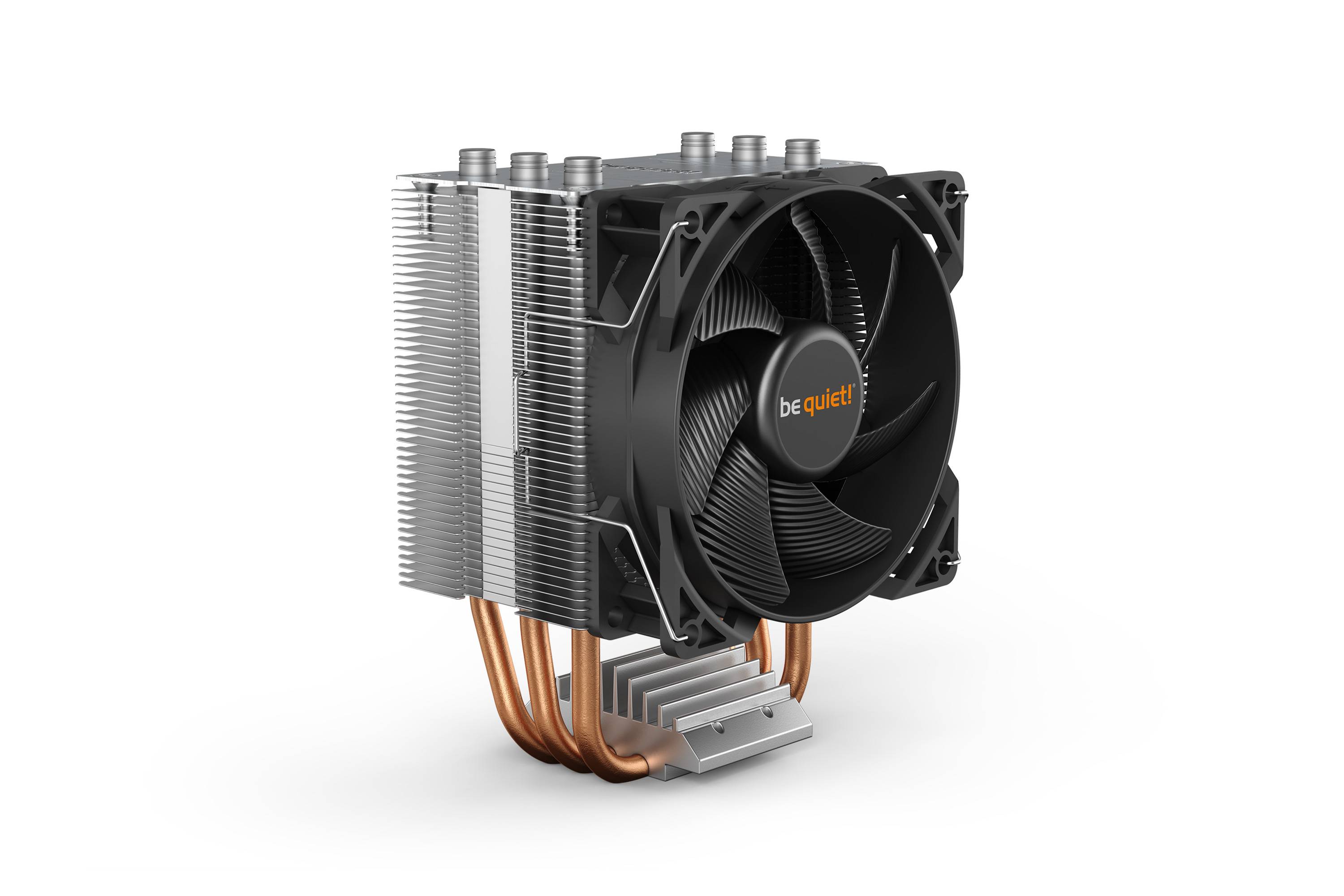 Dissipateur thermique de CPU avec grand ventilateur et plusieurs caloducs en cuivre pour une meilleure dissipation de chaleur, logo de 'be quiet!' visible.