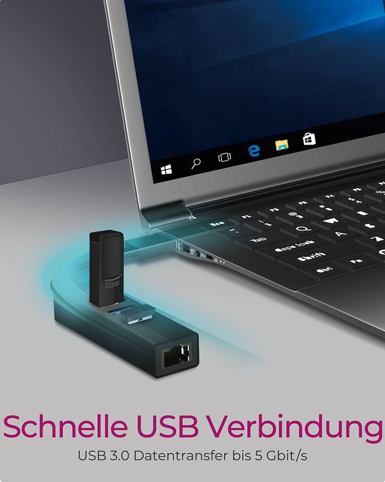 Ordinateur portable avec hub USB, connectant une clé USB et un câble réseau. Texte : 'Connexion USB rapide', 'Transfert de données USB 3.0 jusqu'à 5 Gbit/s'.