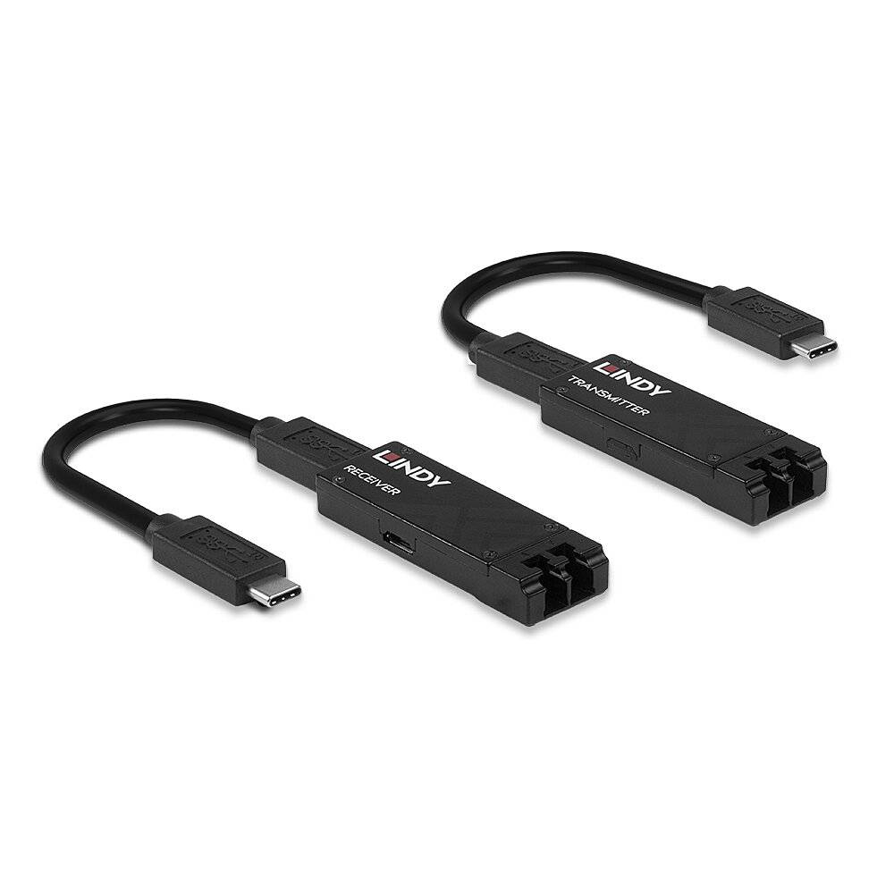 Un ensemble de deux convertisseurs USB-C vers DisplayPort 1.4 du fabricant Lindy, comprenant un récepteur et un émetteur avec des câbles courts.