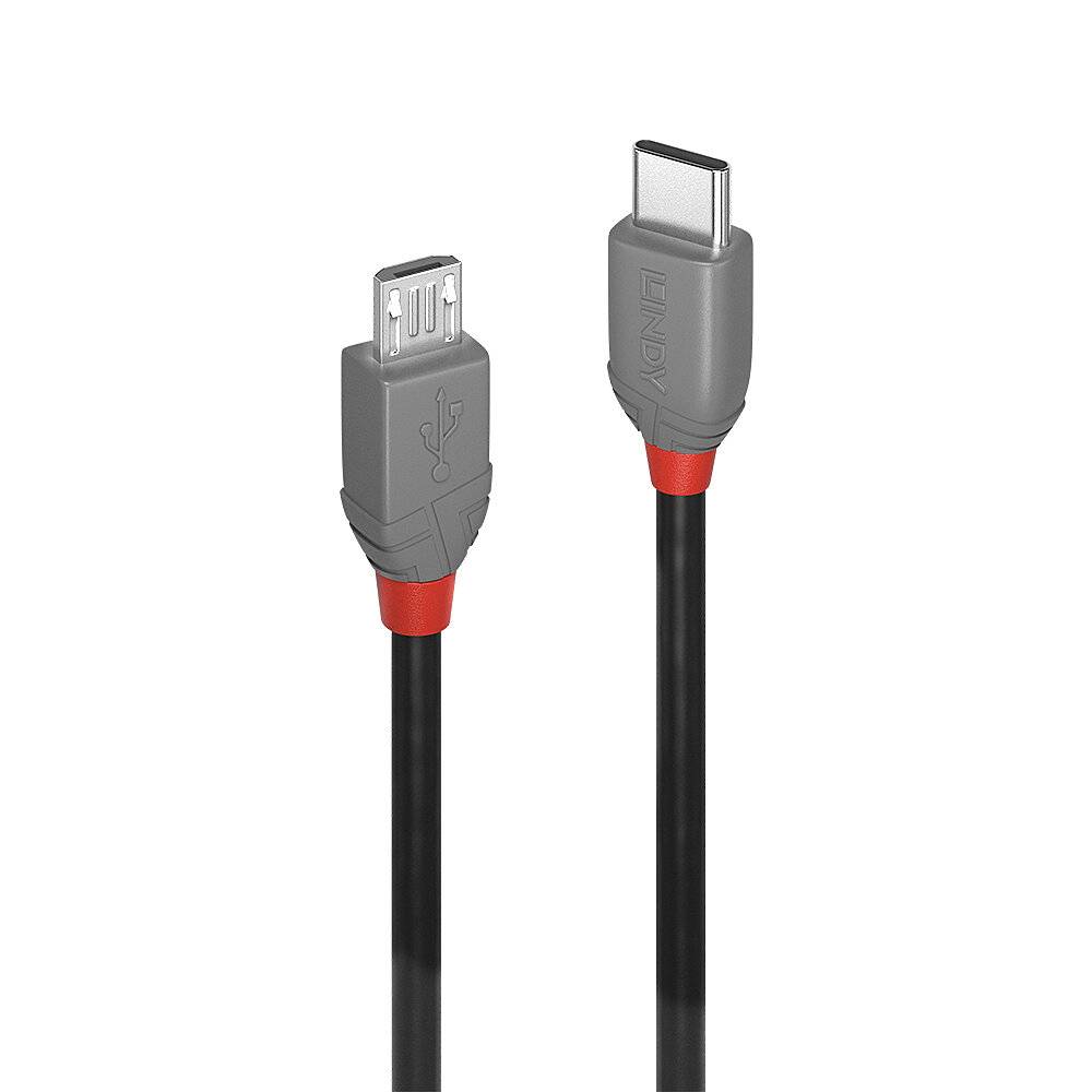 Câble USB-C et Micro-USB gris avec un accent rouge, câble noir. Utilisé pour charger et transférer des données entre des appareils.
