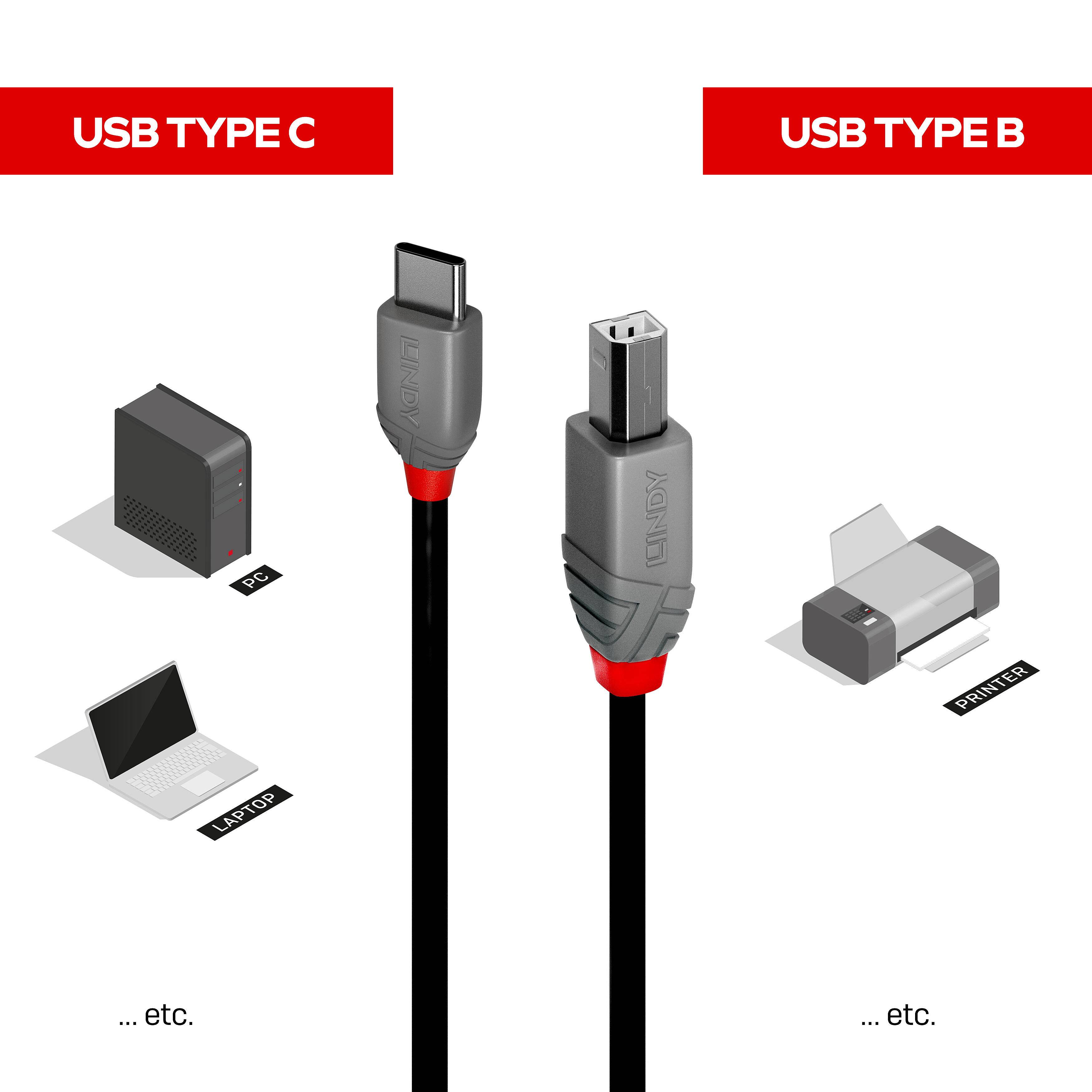 Connecteurs USB Type C et USB Type B en comparaison. USB Type C adapté aux ordinateurs portables ; USB Type B convient aux imprimantes. Autres applications présentées.