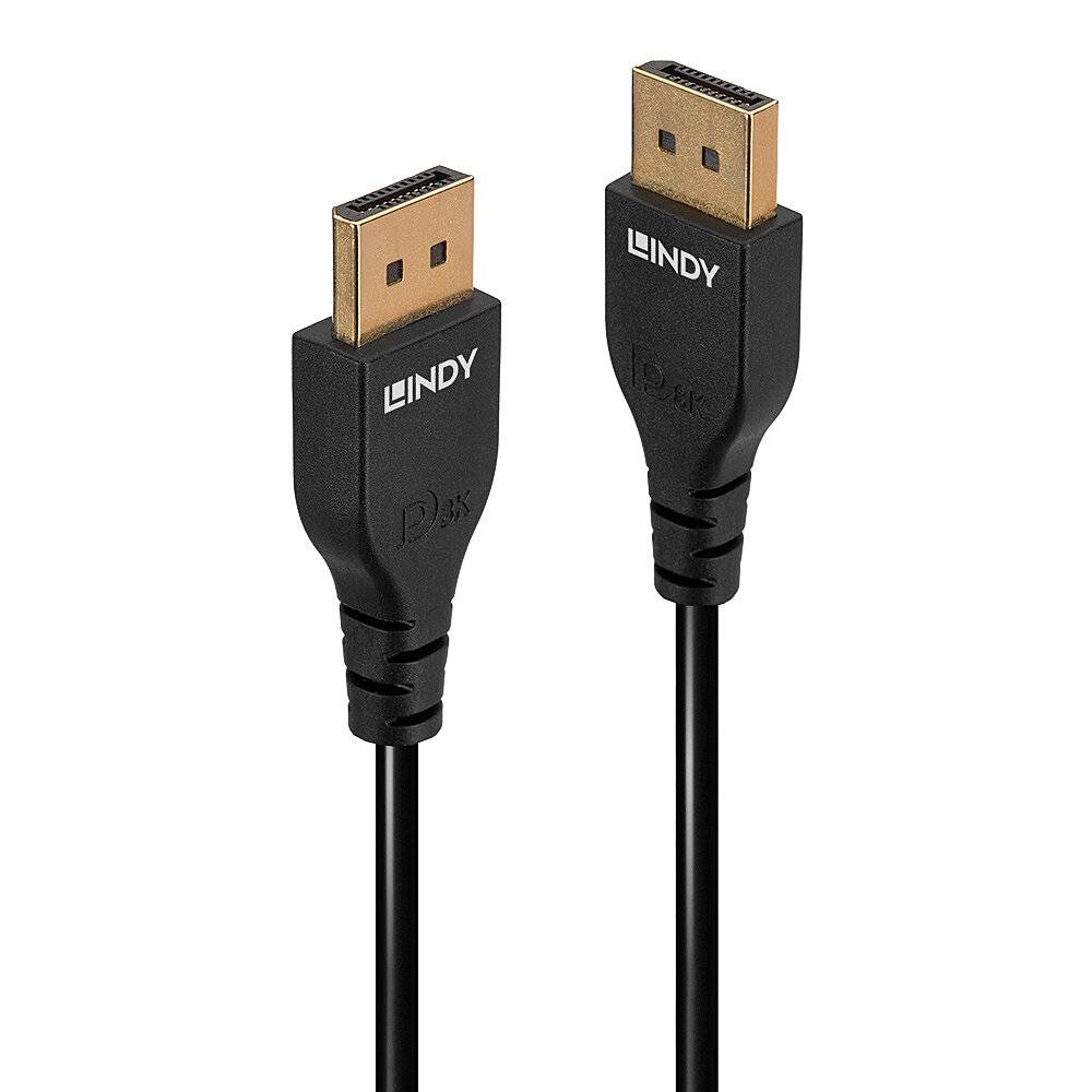 Deux câbles DisplayPort noirs avec des connecteurs dorés et l'inscription 'Lindy' sur les connecteurs, disposés côte à côte.