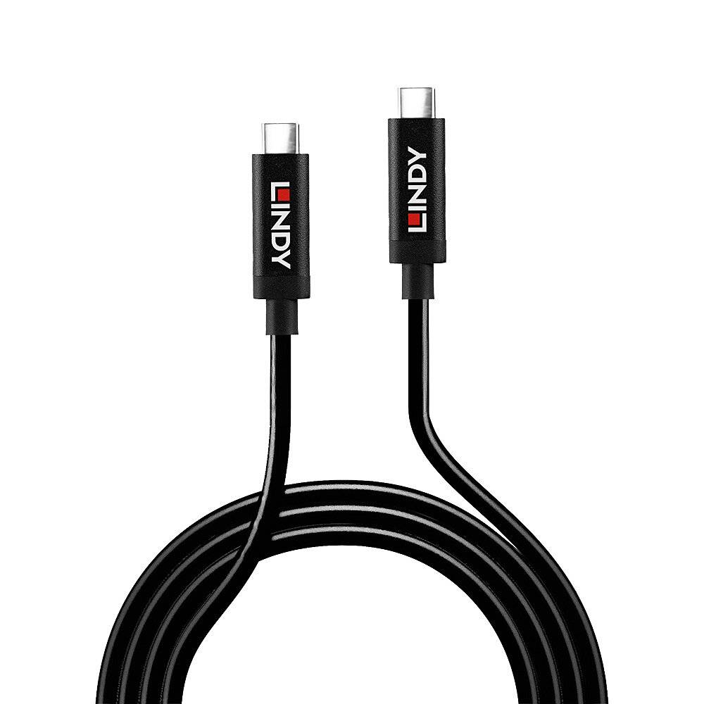 Câble USB-C noir de LINDY avec connecteur USB-C des deux côtés, adapté pour le transfert de données et la charge.