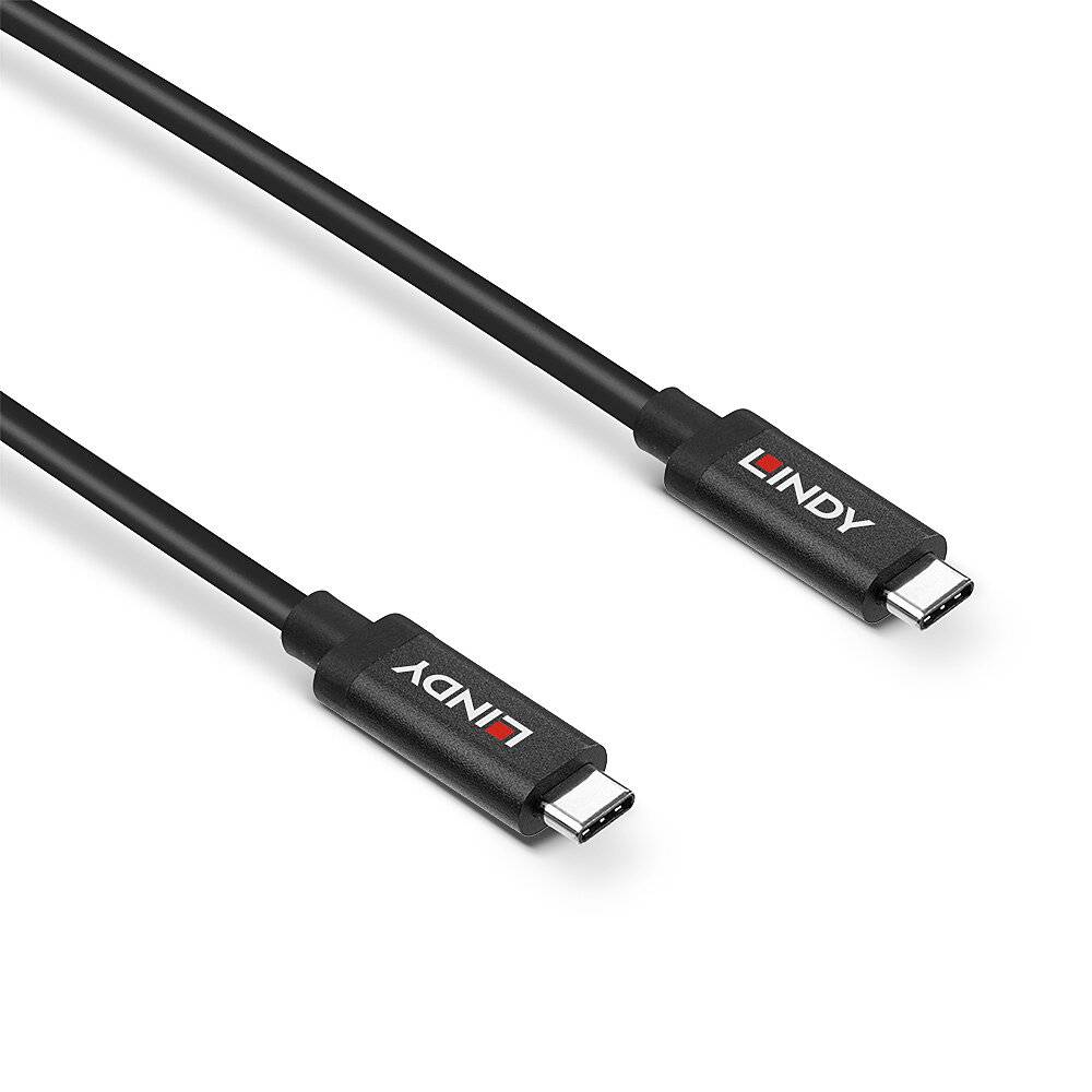 Un câble noir USB-C vers USB-C avec le logo de marque 'LINDY' sur chaque connecteur.