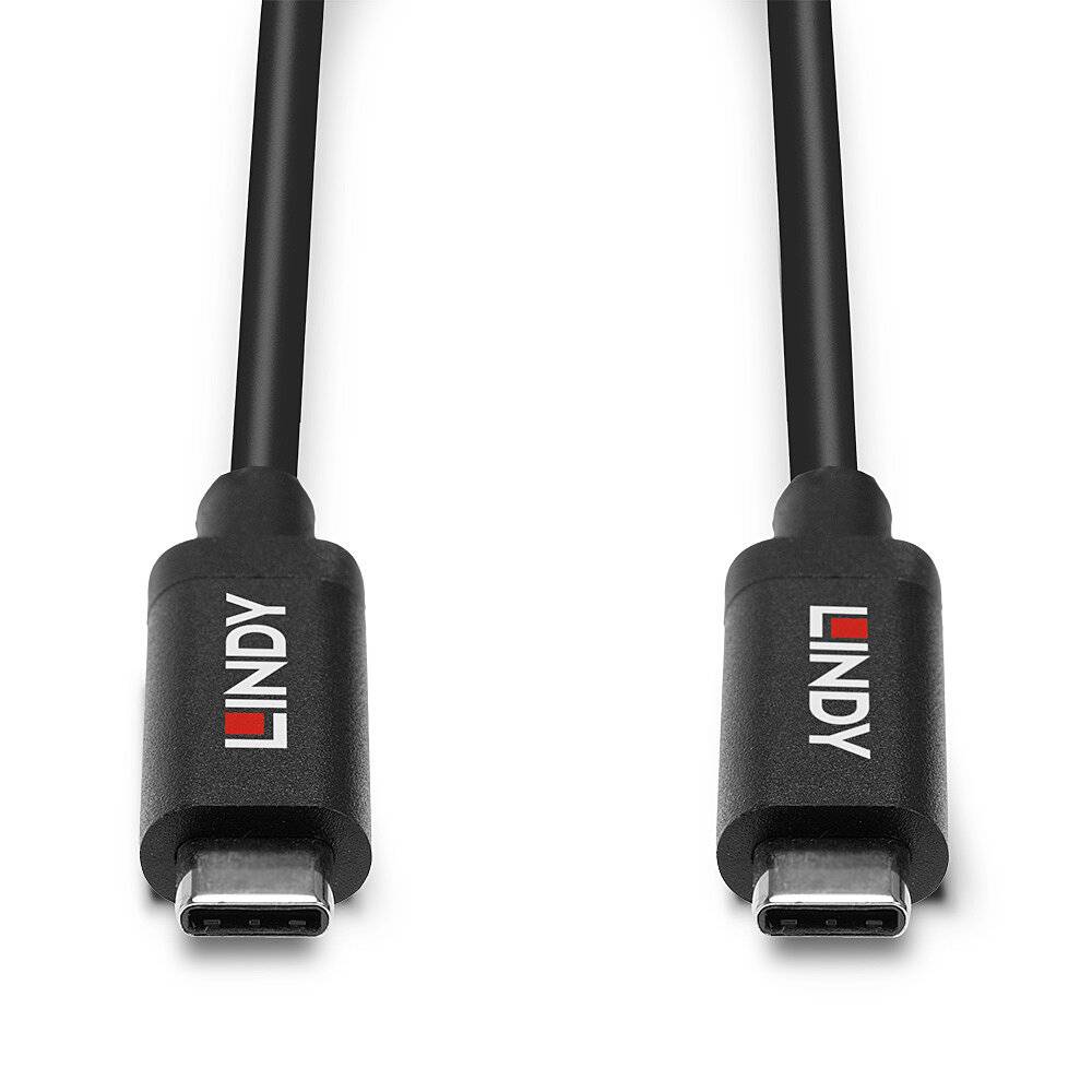 Deux câbles USB-C noirs de LINDY, disposés symétriquement, avec logo de marque sur les connecteurs.