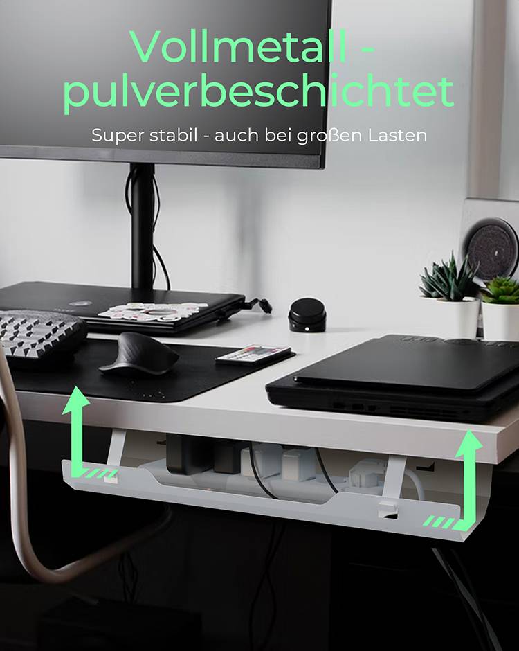 'Tout métal - revêtu par poudrage. Super robuste - même sous charges importantes' présente un bureau stable avec des ordinateurs portables et des accessoires.