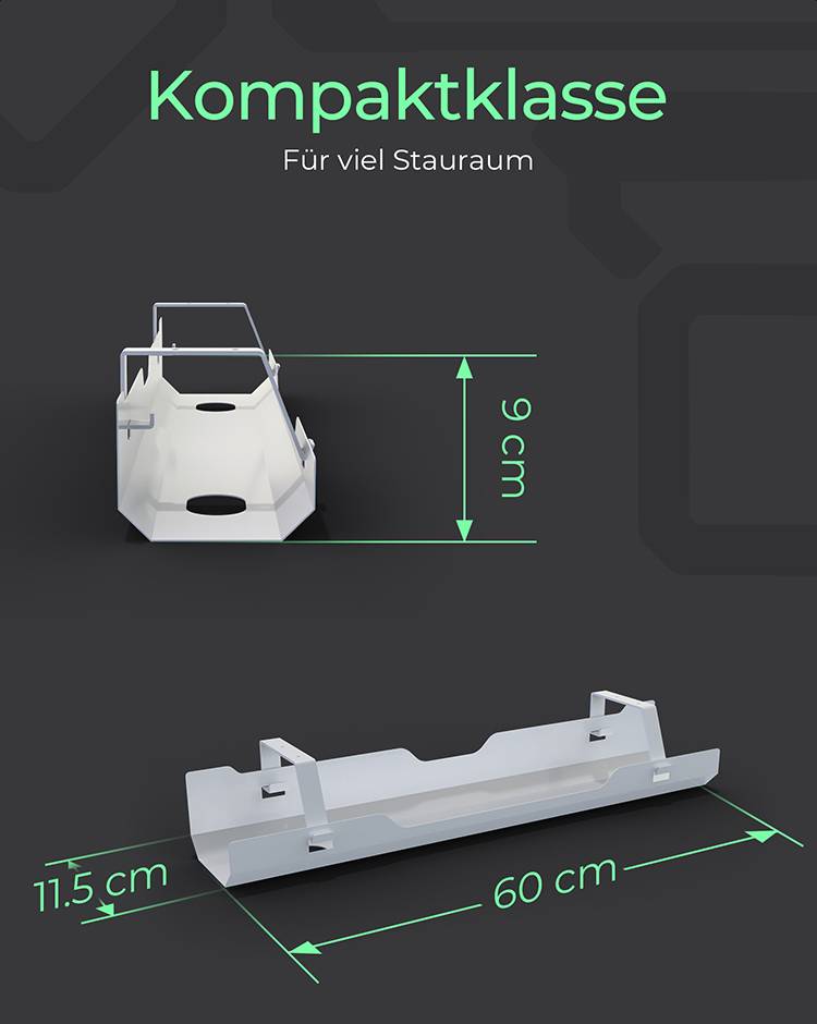 La figure montre deux contenants blancs : en haut, un conteneur de 9 cm de hauteur, en dessous, un conteneur de 60 cm de long et 11,5 cm de large. Intitulé 'Classe compacte'.