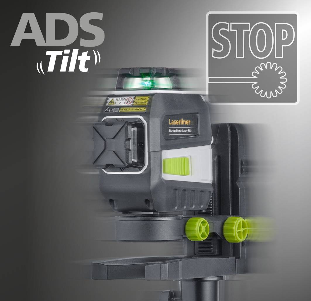 Un appareil de nivellement laser avec affichage à LED verte en fonctionnement. Les inscriptions 'ADS Tilt' et 'Stop' soulignent les fonctions de sécurité et d'arrêt.