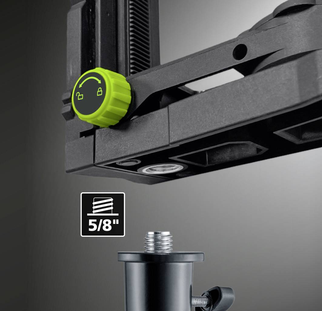 Un adaptateur de trépied noir avec support de vis est visible. Un symbole vert représente un cadenas. En bas, un indicateur '5/8