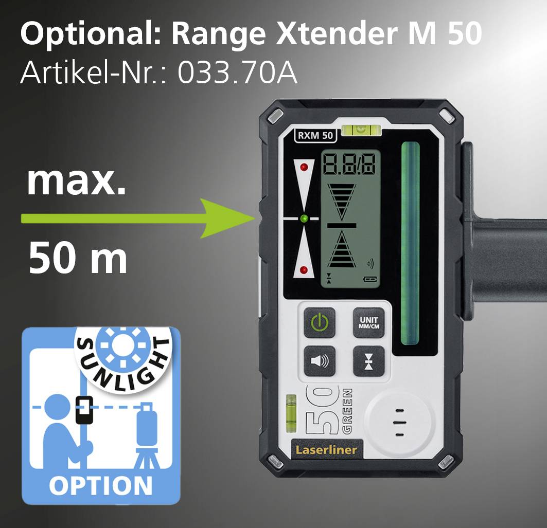 'Télémètre laser RXM 50' indique une portée maximale de 50 m. Référence article : 033.70A. Option 'Range Xtender M 50' par lumière solaire vive.