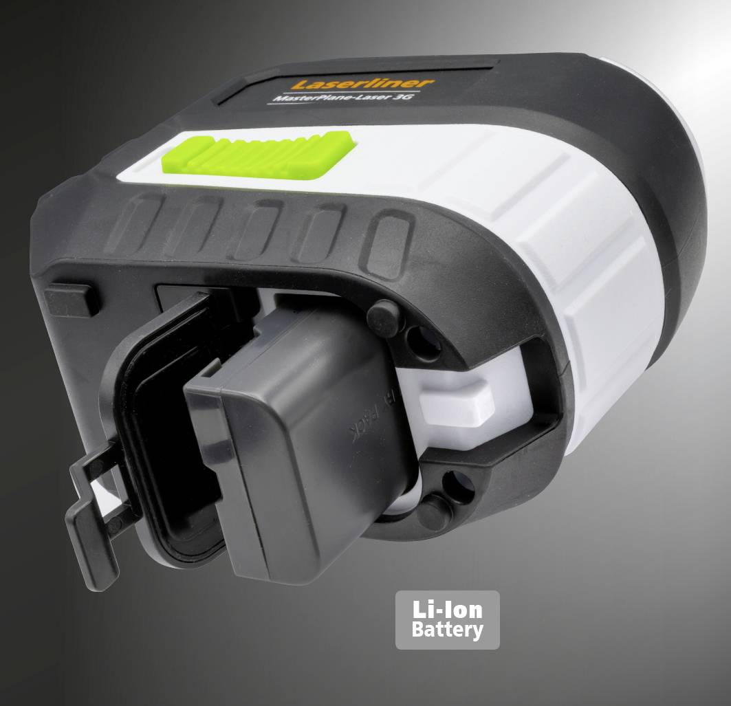 Appareil laser avec batterie lithium-ion amovible. La surface de l'appareil affiche la marque 'Laserliner', modèle 'MasterCross-Laser 2G'.