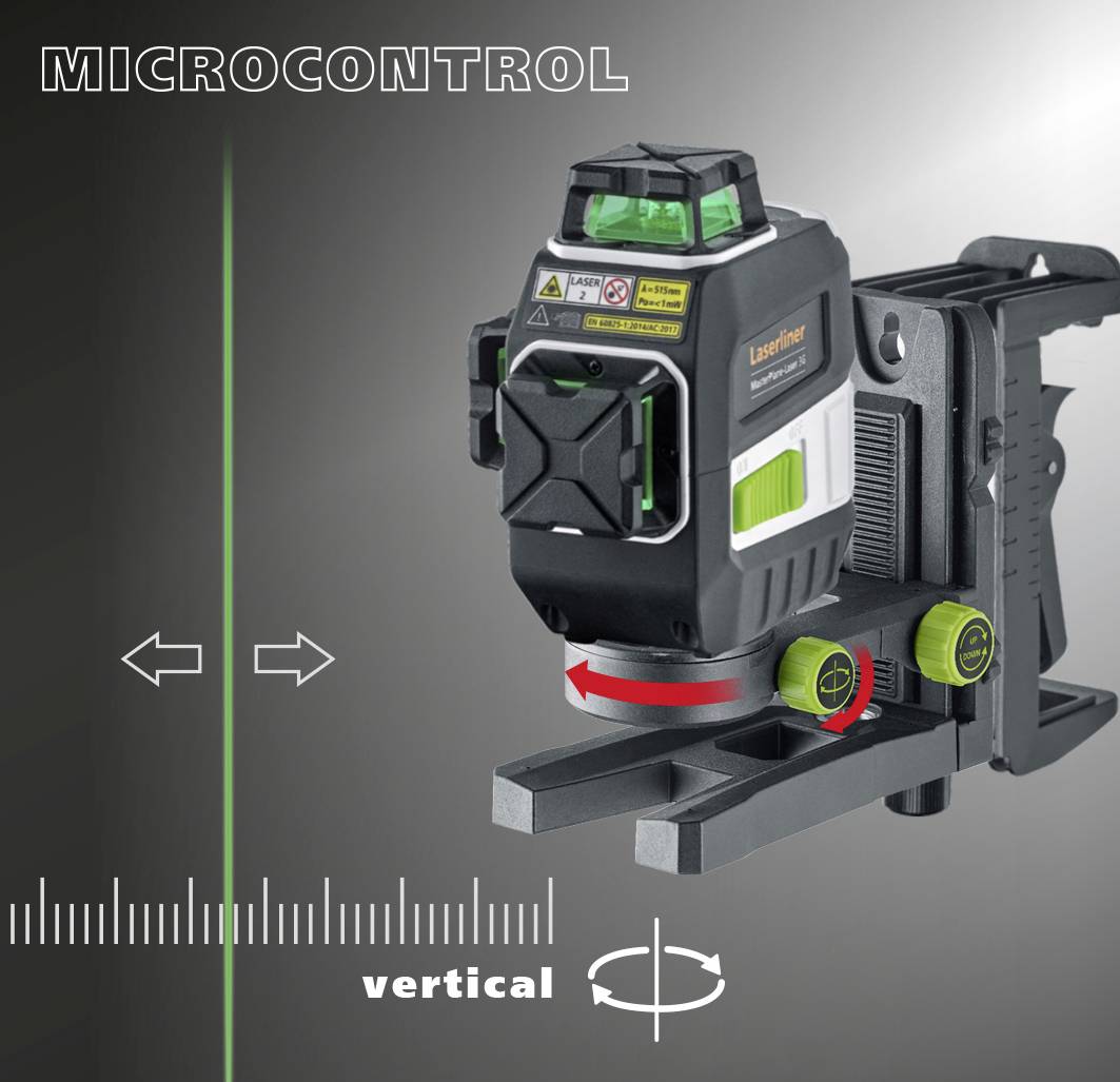 Un appareil de mesure laser avec ligne laser verte et orientation verticale. Les caractéristiques principales sont des flèches ajustables et une règle de mesure.