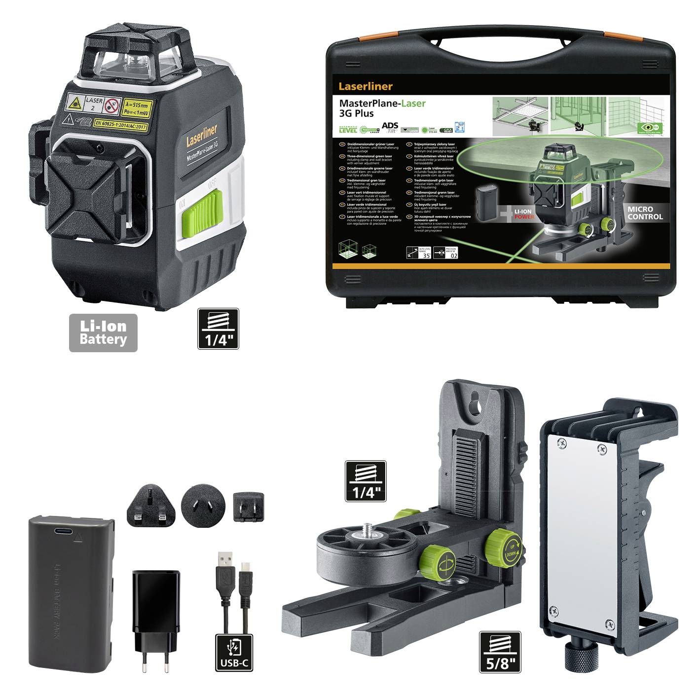 'Laserliner MasterPlane-Laser 3G Plus' dans un coffret rigide avec accessoires : batterie Li-Ion, chargeur, câble USB-C, adaptateur et support.
