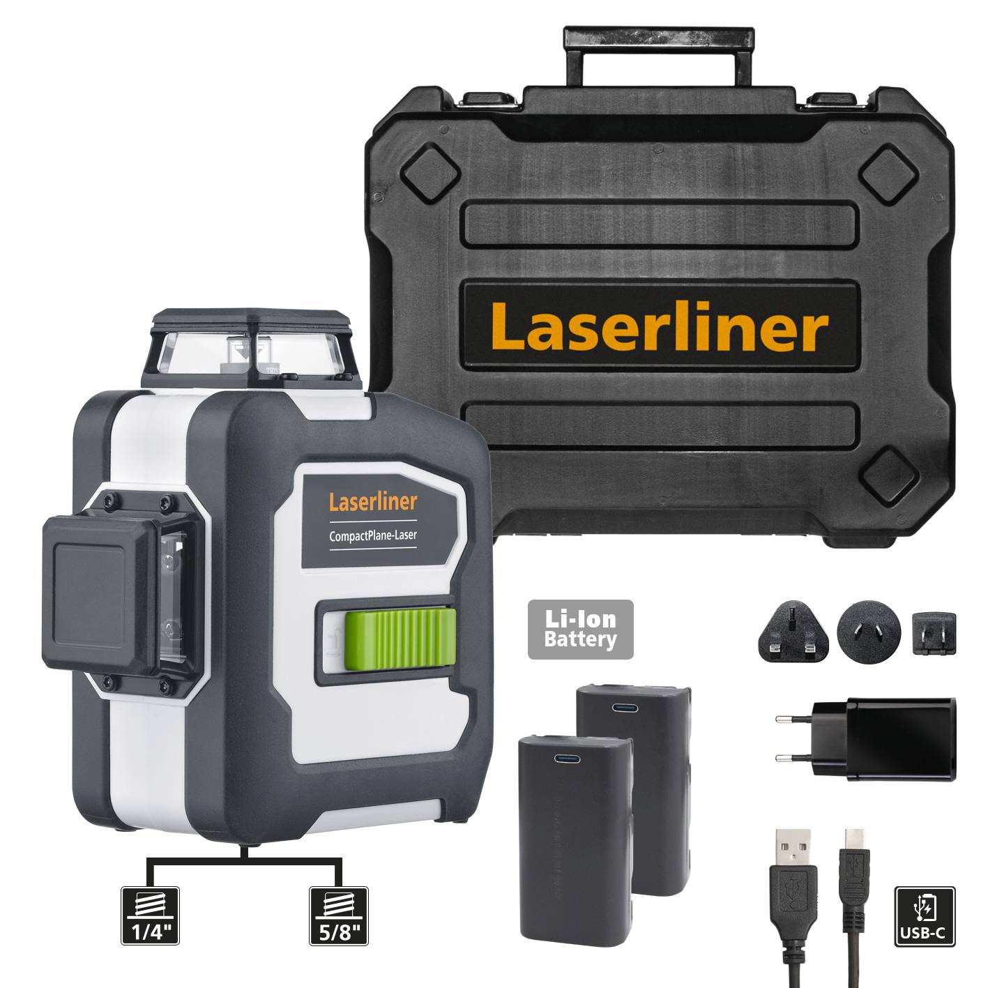 Laser compact avec projection de lignes à 360°, comprenant des batteries Li-Ion, câble de chargement USB-C et mallette en plastique.