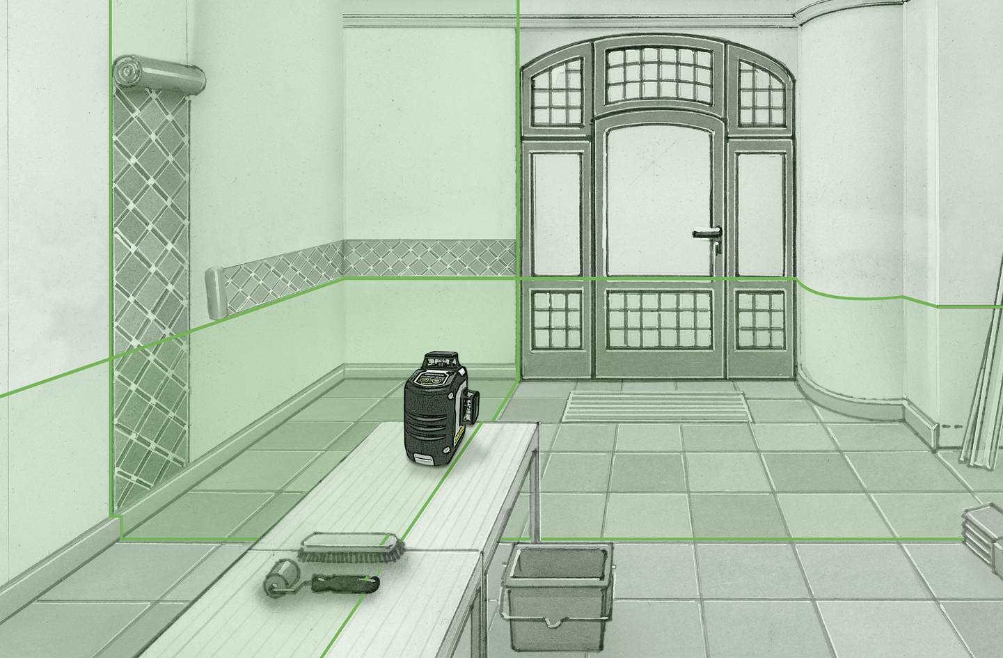 La pièce montre un salon en rénovation, avec un rouleau de papier peint sur le mur, des outils posés sur une table et une porte avec des panneaux vitrés.