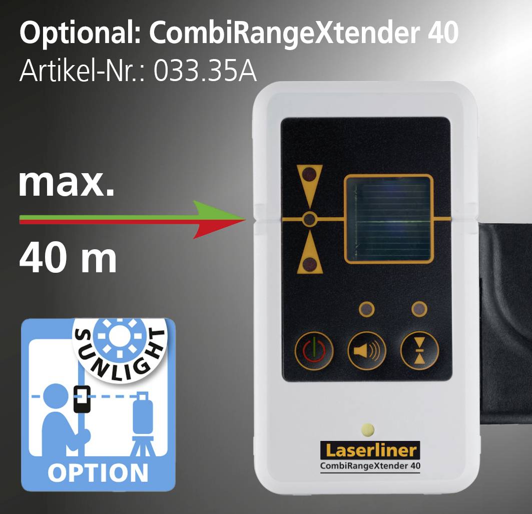 'Laserliner CombiRangeXtender 40, Réf. : 033.35A. Étend la portée jusqu'à 40 m avec l'option soleil.'