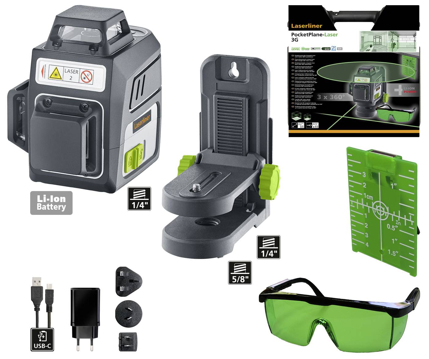 Ensemble 'Laserliner PocketPlane-Laser' comprenant un appareil laser, un support, un chargeur, un câble USB, une cible de mesure et des lunettes de protection. Idéal pour les travaux de construction.