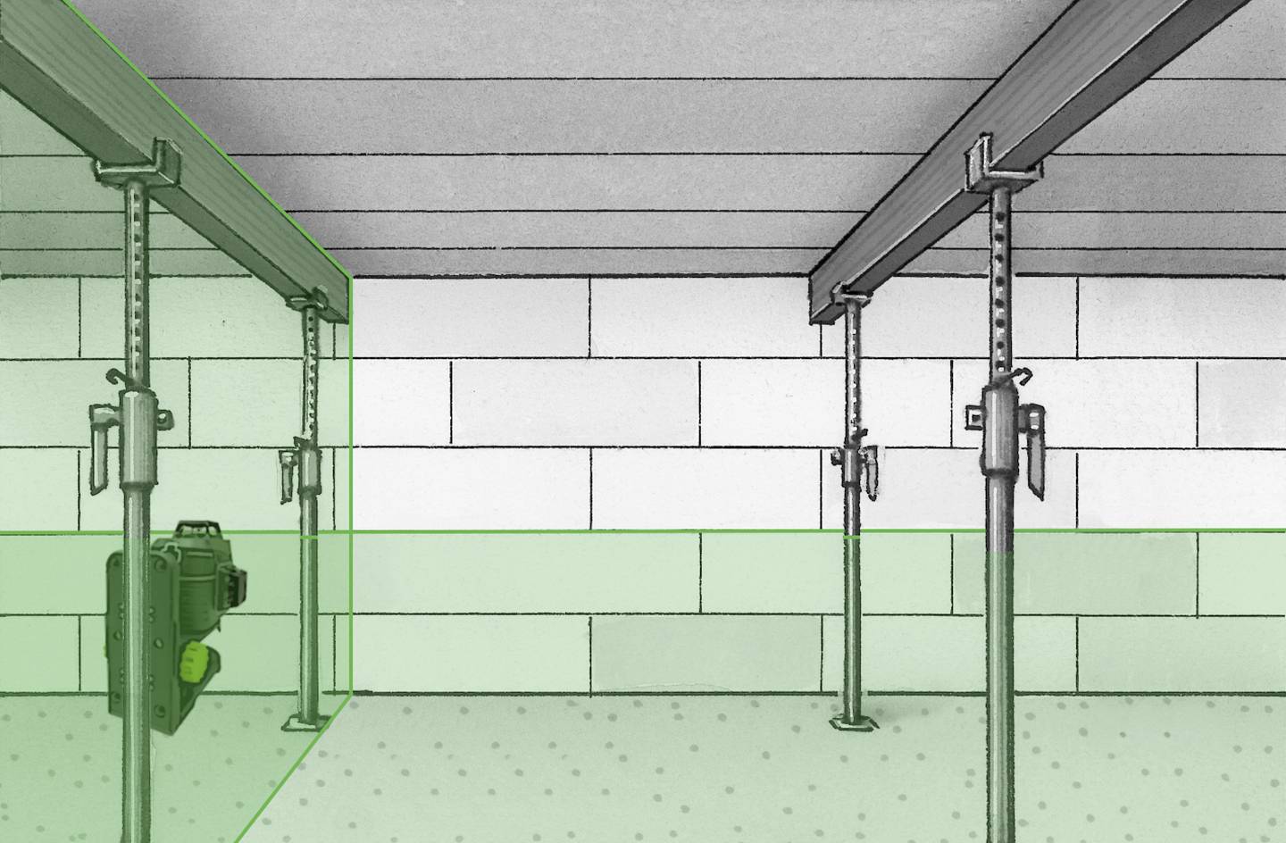Un chantier avec des étais métalliques soutenant un plafond. Un appareil de nivellement laser projette une ligne verte sur les murs.