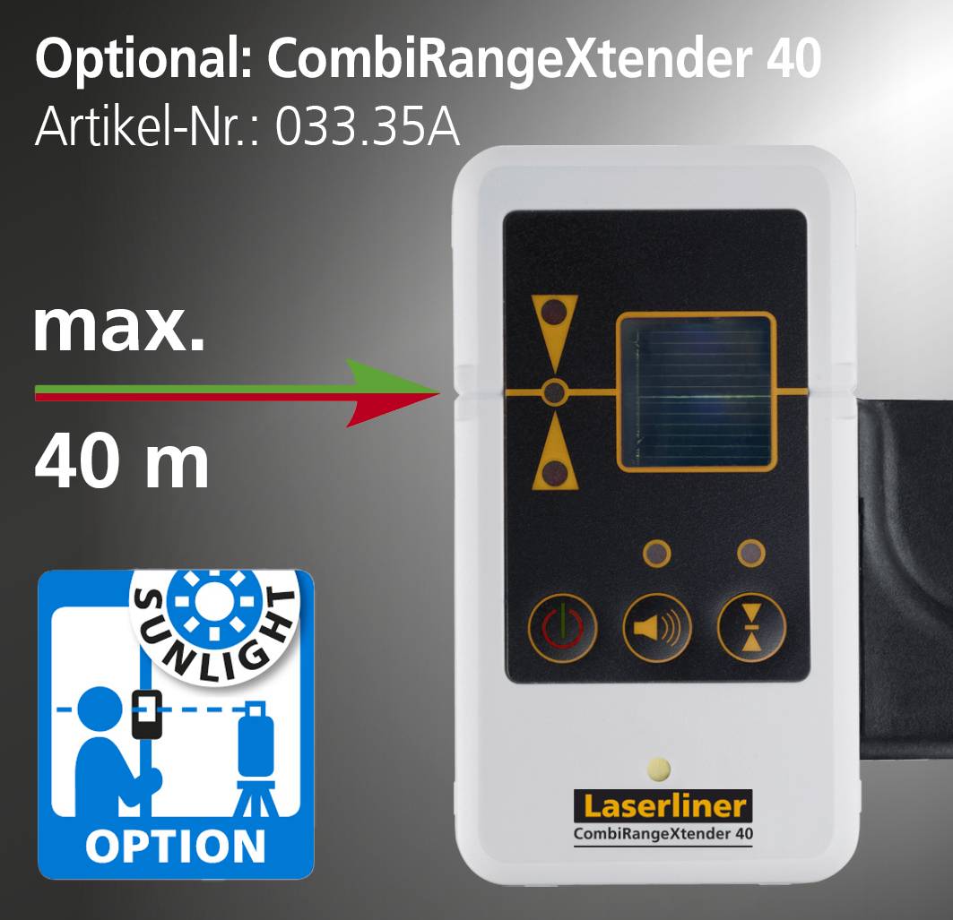Appareil avec écran affichant une portée maximale de 40 m. Indication d'une fonction optionnelle 'Option Lumière du Jour'. Modèle : Laserliner CombiRangeXtender 40.