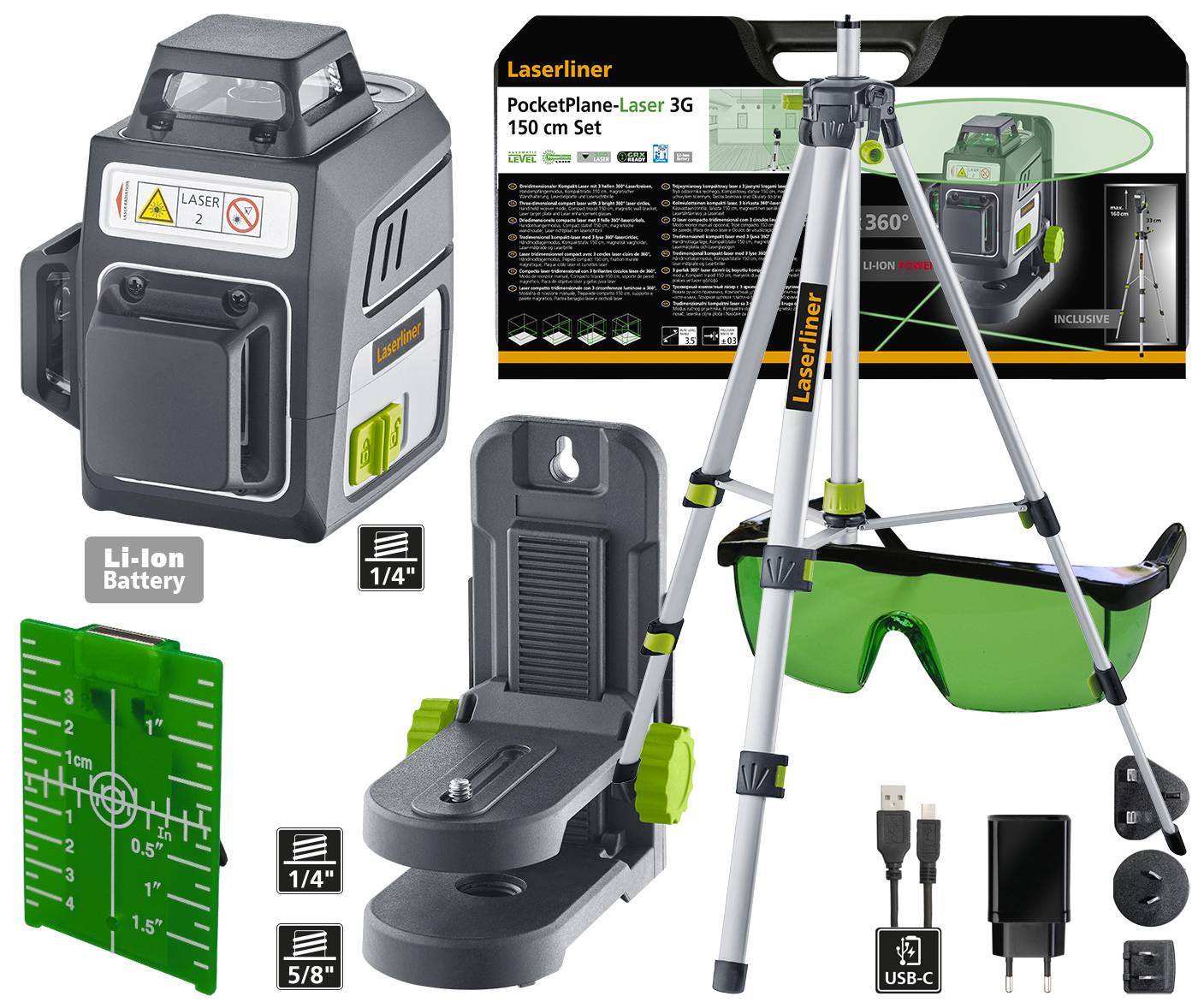 Appareil 'Laserliner PocketPlane-Laser 3G Set' avec trépied, appareil laser, protection oculaire verte, câble USB-C, chargeur et accessoires sur fond blanc.