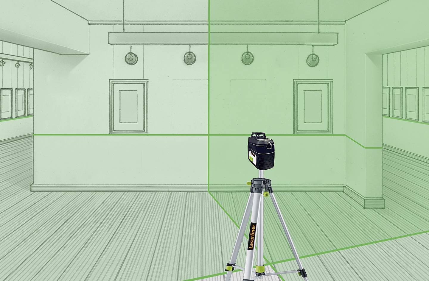 Appareil de nivellement laser sur trépied projetant des lignes vertes sur les murs et le plafond d'une pièce pour faciliter des mesures précises.