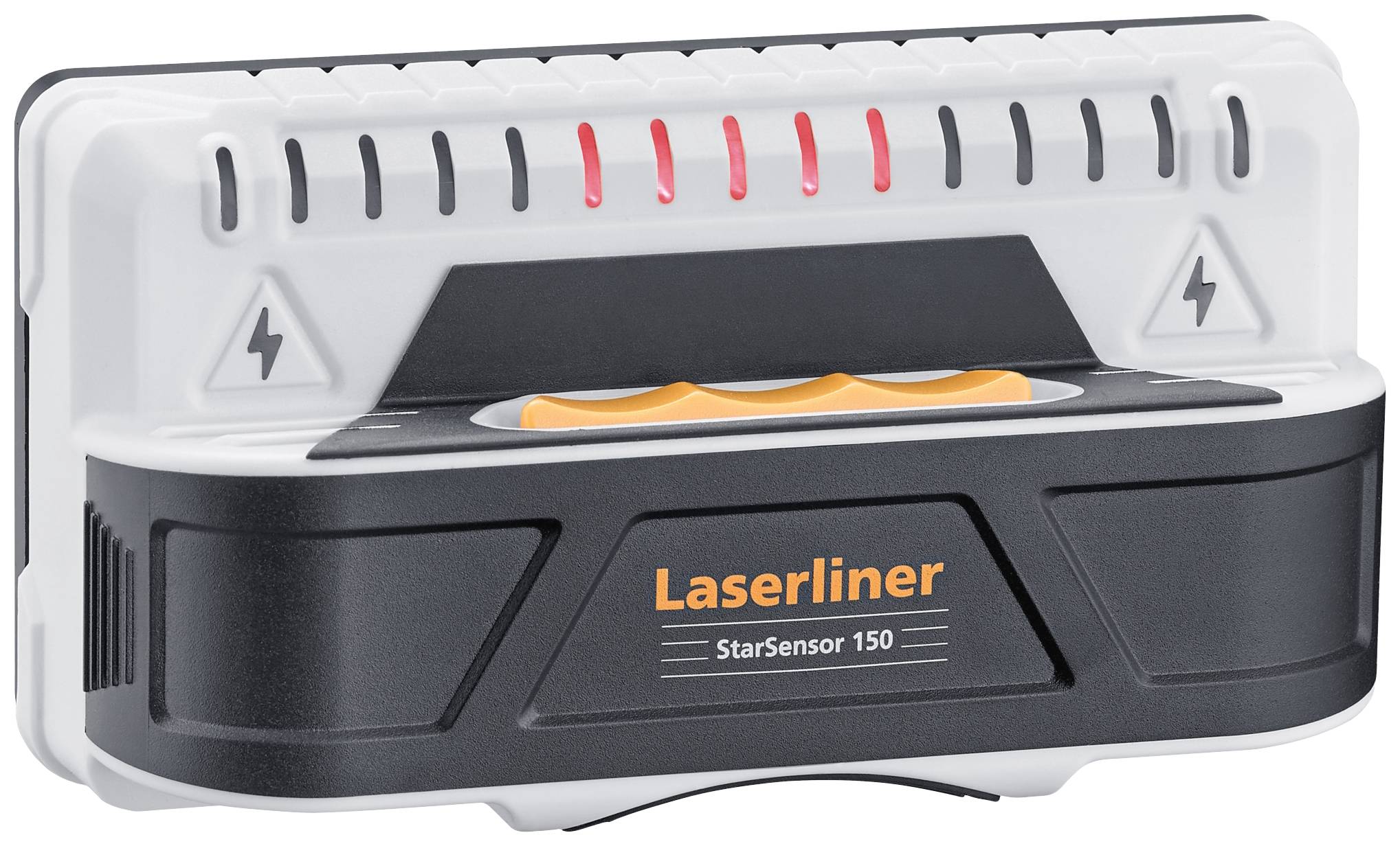 Un dispositif électronique, le Laserliner StarSensor 150, avec des lumières clignotantes sur le dessus et des symboles d'éclair sur les côtés.