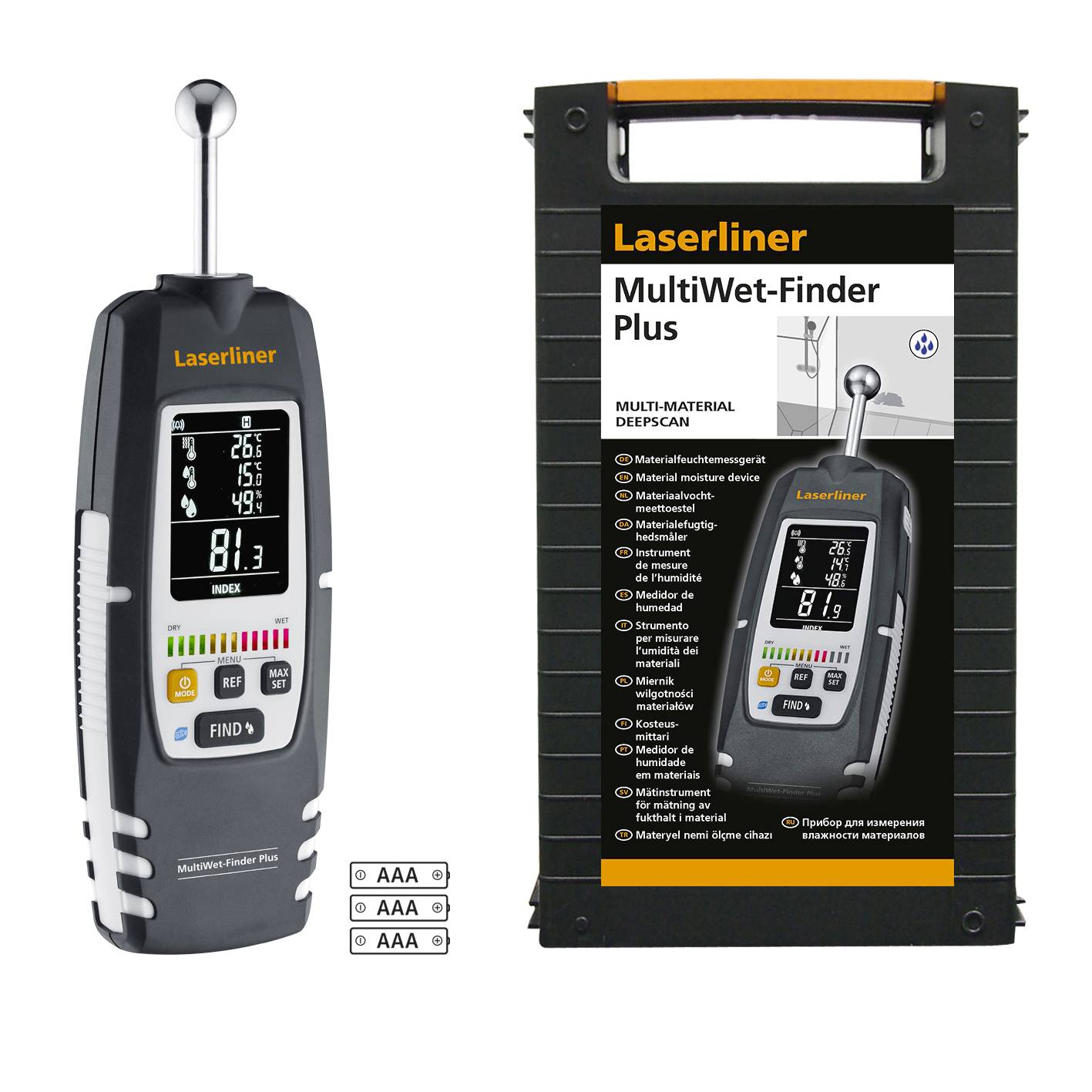 Laserliner MultiWet-Finder Plus : Appareil de mesure de l'humidité avec affichage LCD à côté de son boîtier de rangement. Piles incluses.