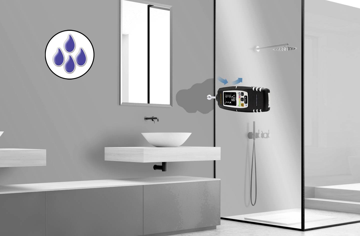 Salle de bain moderne avec lavabo blanc, douche et appareil mural mesurant la pression de l'eau. Symbole de gouttes bleues à gauche.
