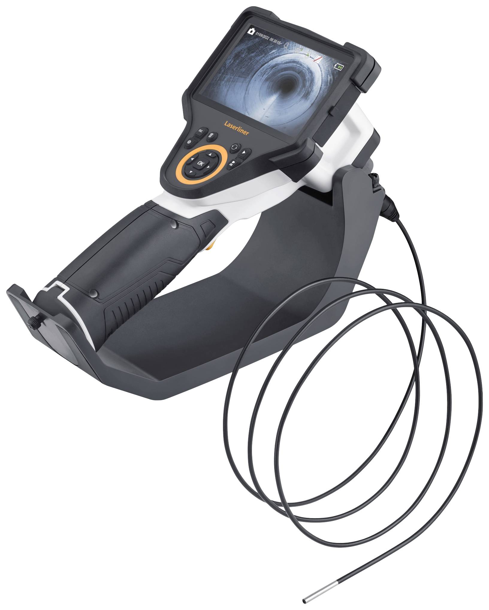 Endoscope industriel avec écran et câble flexible, utilisé pour l'inspection de zones difficiles d'accès.