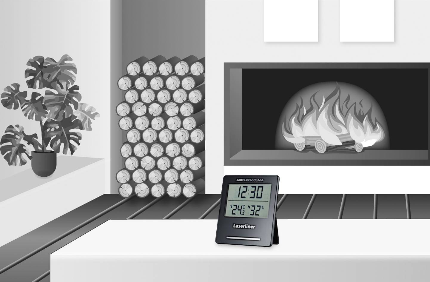 Un thermomètre posé sur une table indique '12:30' et des températures de '24°' et '32°'. En arrière-plan, un feu de cheminée et une pile de bois.