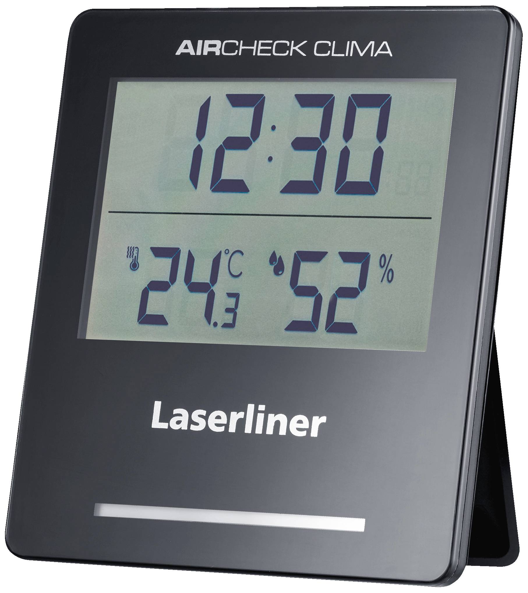 Thermomètre numérique de table affichant l'heure '12:30', la température '24,3°C' et l'humidité relative '52%'. Appareil de Laserliner.