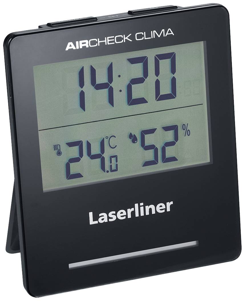 Appareil de mesure numérique affichant l'heure '14:20', la température '24°C' et l'humidité de l'air '52%'. Nom du fabricant 'Laserliner' en haut.