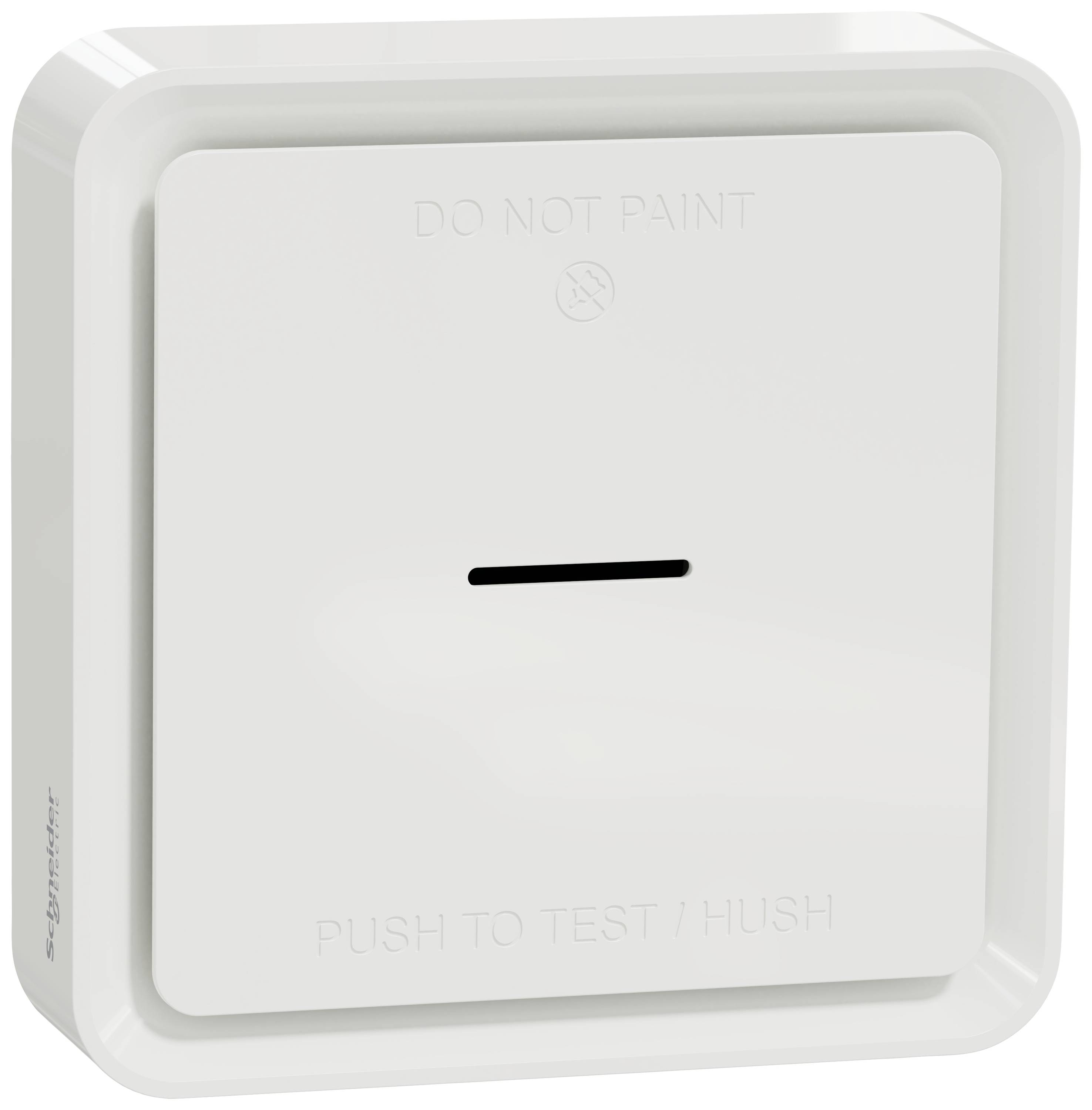 Détecteur d'incendie portant l'inscription « NE PAS PEINDRE » et « POUSSER POUR TESTER / ARRÊTER ». Forme rectangulaire blanche au design minimaliste.