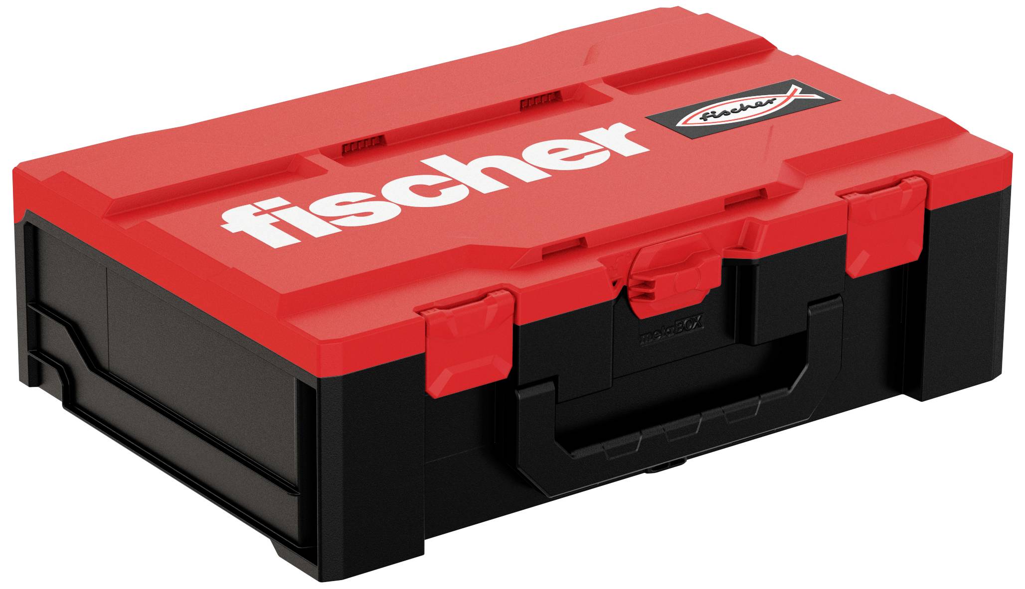 Une boîte à outils rouge portant l'inscription blanche 'fischer' sur le dessus. Le coffret est rectangulaire et est équipé d'une poignée noire.