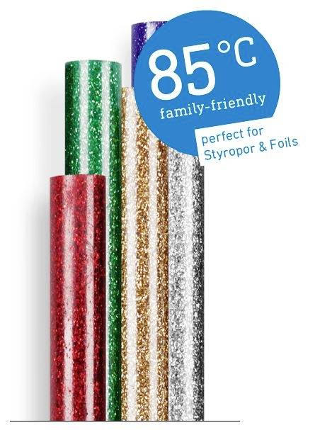 Rouleaux de feuilles scintillantes en Rouge, Vert, Violet, Argent et Or. Impression : '85 °C compatible famille, parfait pour Polystyrène & Feuilles'.