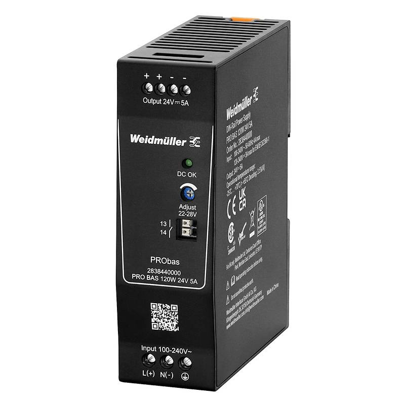 Weidmüller PRObas Alimentation électrique, Sortie 24V, 5A, Entrée 100-240V. Appareil rectangulaire noir avec voyants LED et bornes de connexion.