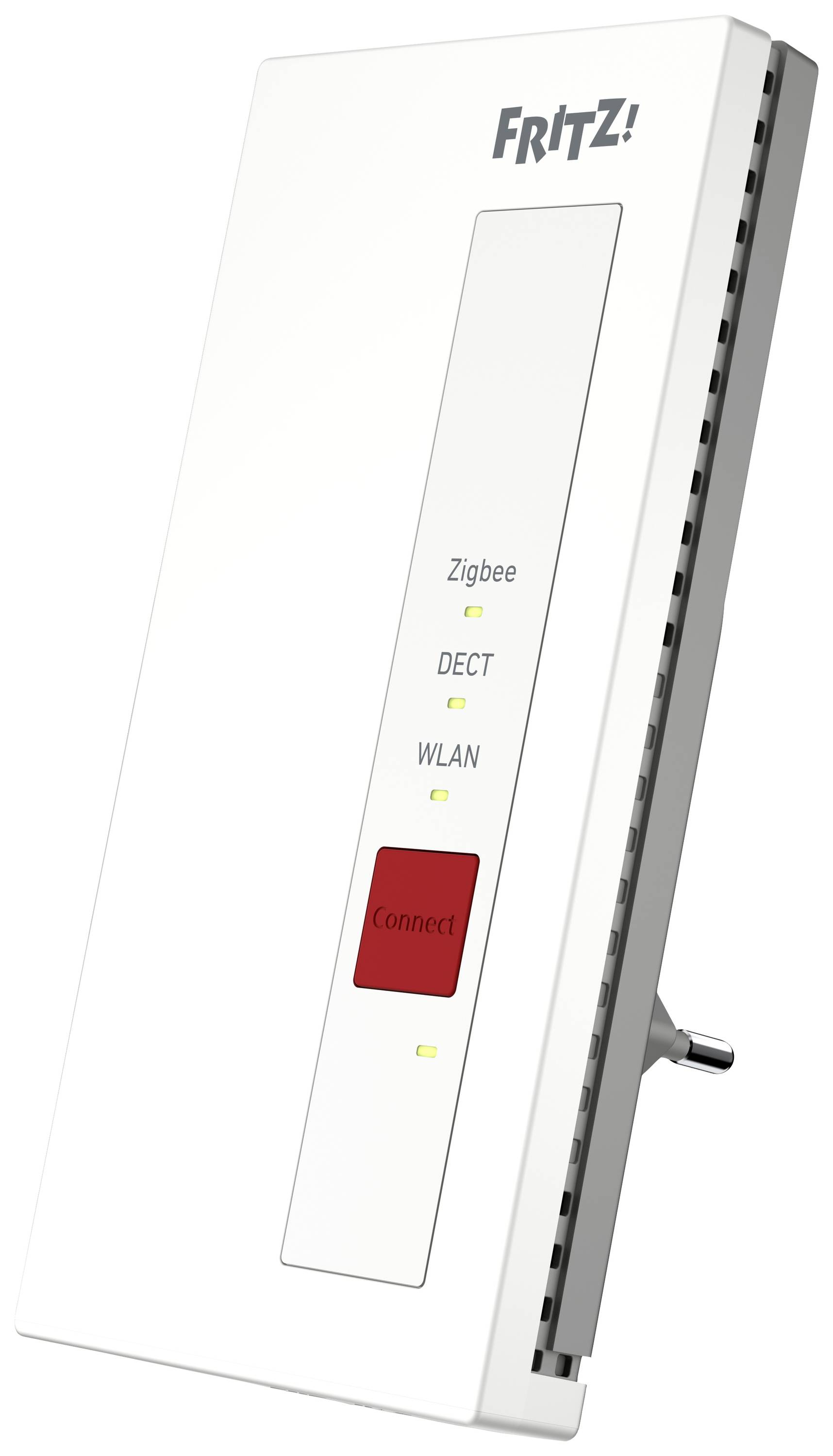 Un répéteur FRITZ! WLAN blanc avec des touches pour Zigbee, DECT, WLAN et 'Connect'. Adapté pour étendre les réseaux domestiques.