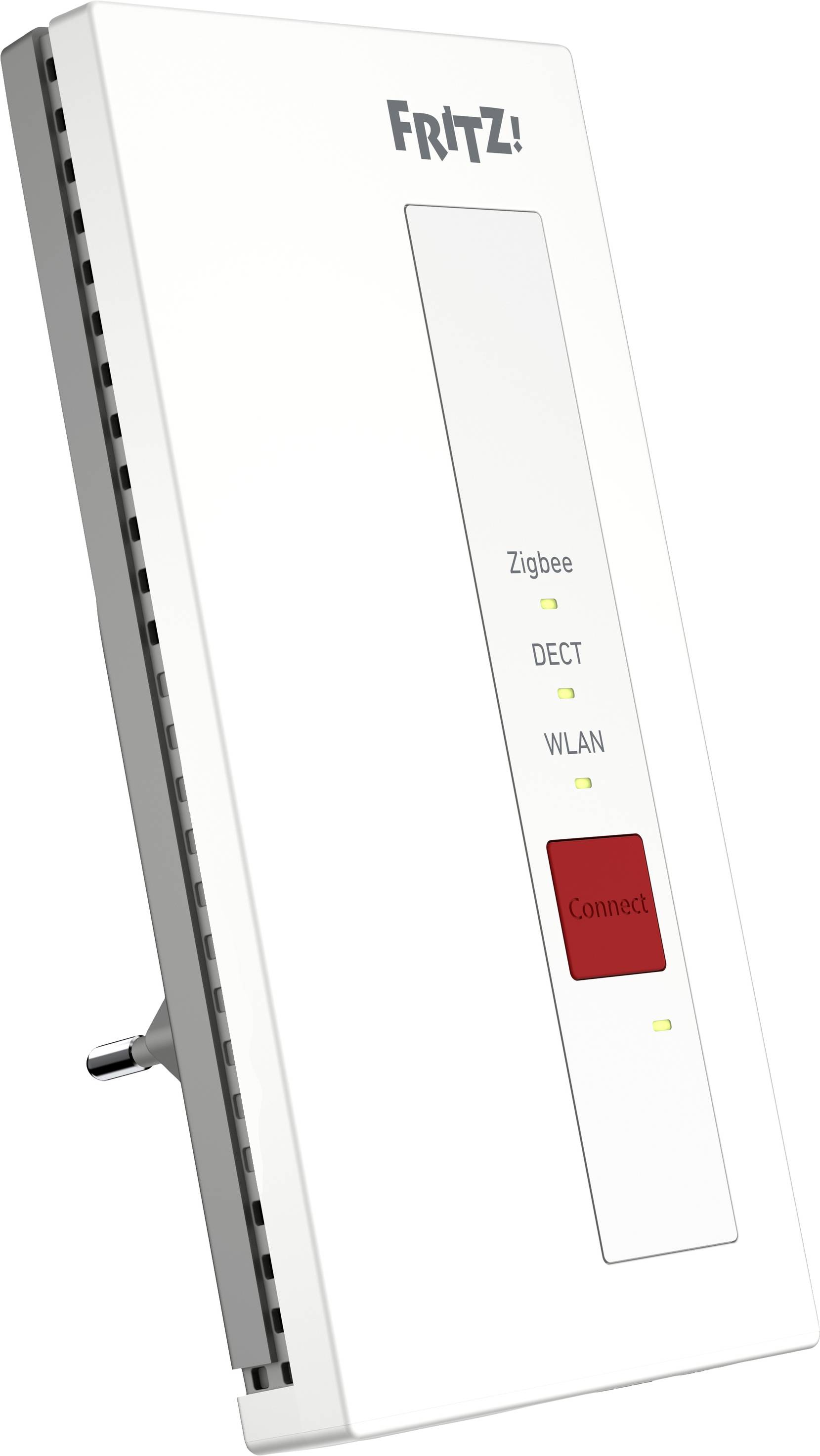 Un répéteur FRITZ! blanc avec des enfoncements pour les LED indiquant les connexions Zigbee, DECT et Wi-Fi. Un bouton 'Connect' rouge.