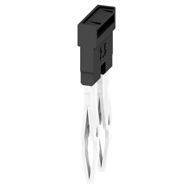 Une prise électronique noire avec deux broches de contact métalliques, disposées verticalement, sur un fond blanc.