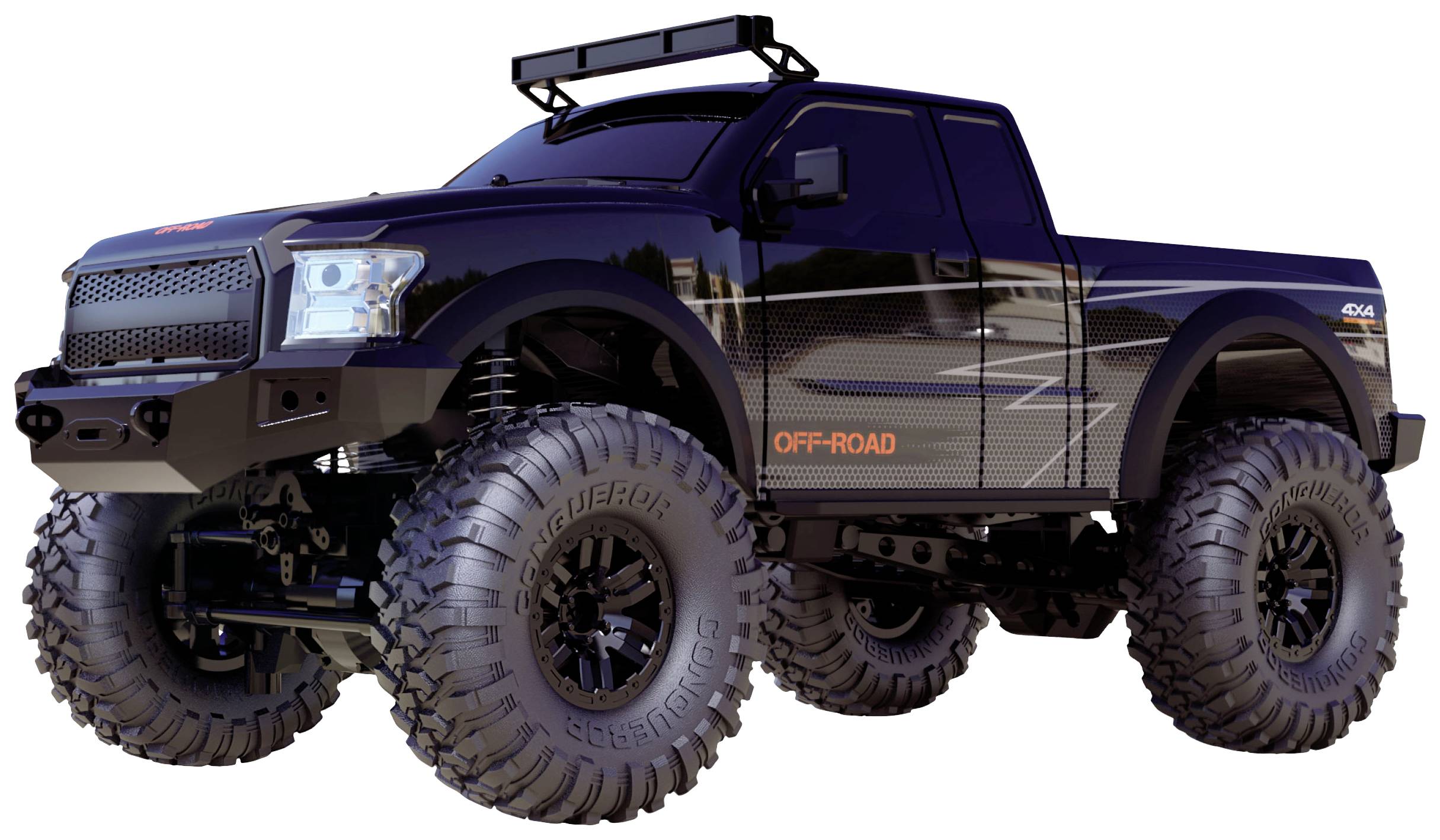 Un camion tout-terrain noir et robuste avec de grandes roues et un porte-bagages de toit, mis en valeur par le mot 'OFF-ROAD' sur le côté.