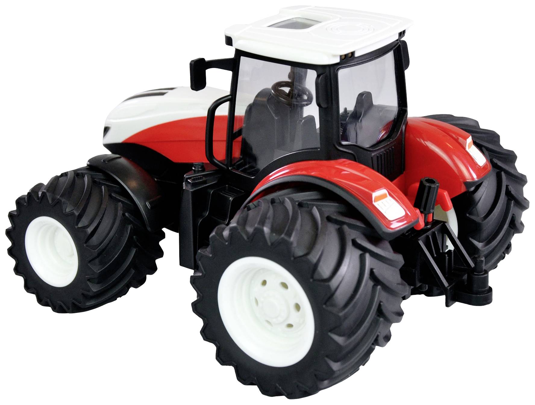 Un tracteur jouet rouge et blanc avec de grandes roues noires.