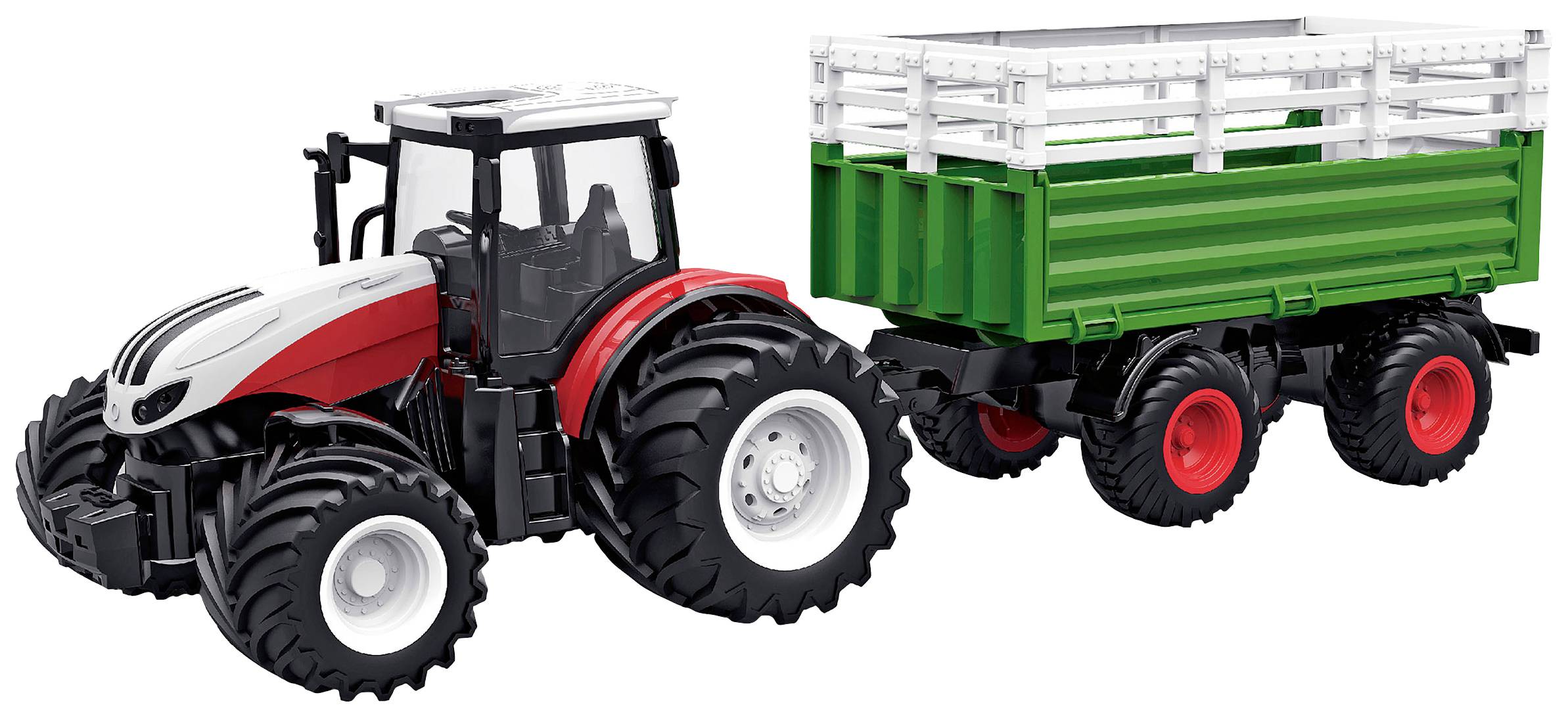 Un tracteur jouet à la carrosserie rouge tire une remorque verte avec des planches de bois blanches. Tous deux ont de grandes roues noires.