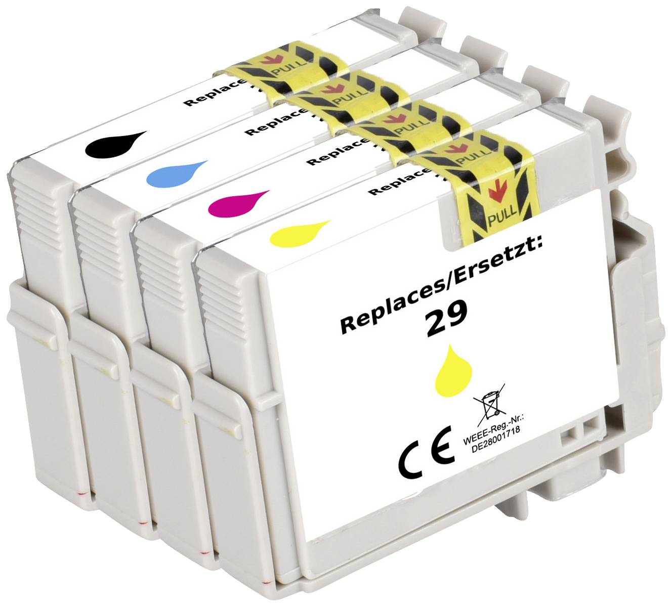 Quatre cartouches d'encre dans les couleurs Jaune, Magenta, Cyan et Noir, portant l'inscription « Replaces/Remplace : 29 ».