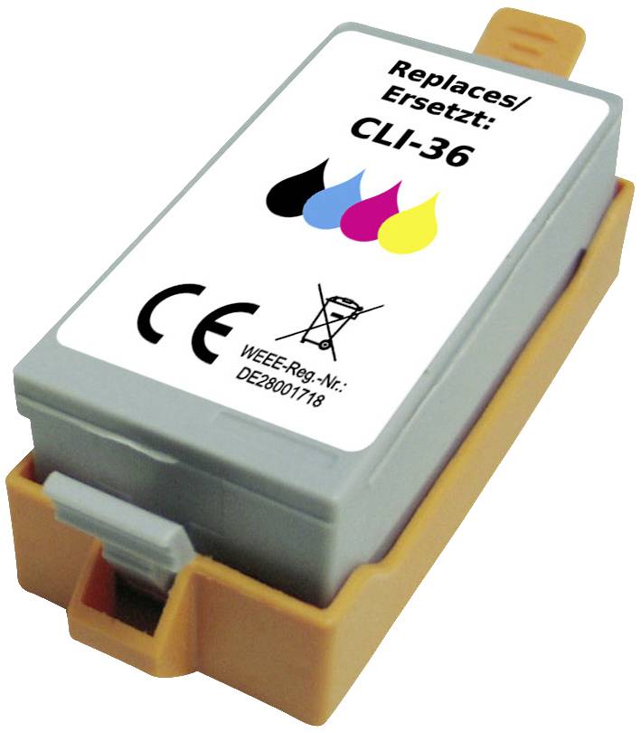Cartouche d'imprimante grise et orange, étiquetée 'Replaces/Ersetzt : CLI-36', montrant des points de couleur en noir, cyan, magenta, jaune.