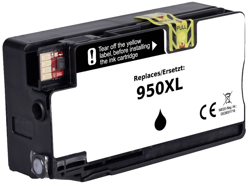 'Cartouche d'encre 950XL, remplacement pour imprimante. Remarque : Retirer l'étiquette jaune avant l'insertion de la cartouche. Marquage CE présent.'
