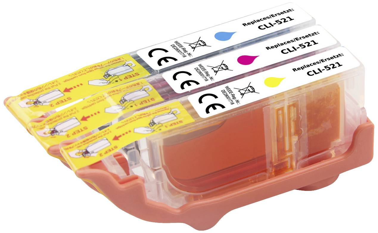 Trois cartouches d'encre colorées (jaune, cyan, magenta) avec marquage CE et symbole de recyclage, posées sur un support orange.