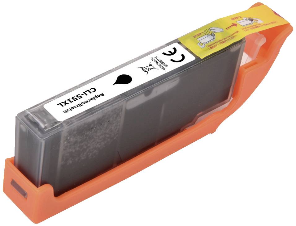 Une cartouche d'encre noire dans un support orange, avec des avertissements et un symbole 'Encre' sur la partie supérieure étiquetée.